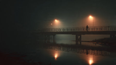 A lone person walks across a bridge at night in the fogの写真素材