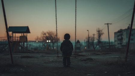 A lonely child sits on a swing set at dusk in an empty playgroundの写真素材
