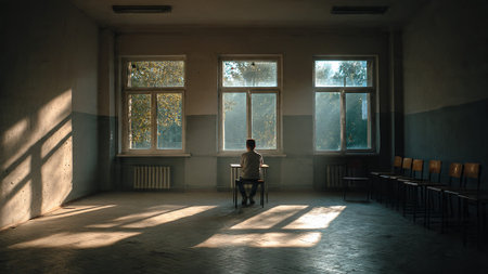 A man sits alone in a dimly lit empty classroom with large windowsの写真素材