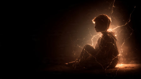 A young man sits in darkness with a glowing aura around himの写真素材