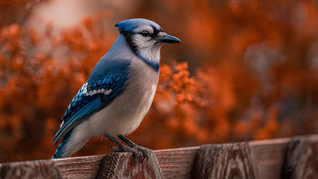 A blue jay perched on a wooden fence in an autumnal forestの写真素材