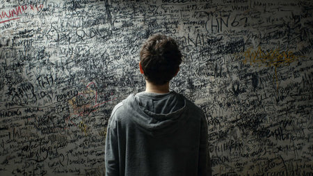 A young man stands before a wall covered in graffiti and writingsの写真素材