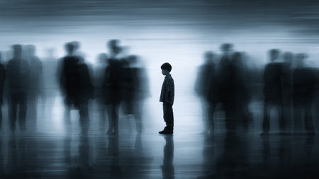 A lone boy stands out in a crowd of blurred figuresの写真素材