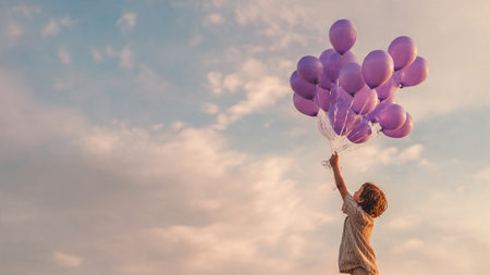 A young boy holding purple balloons in a cloudy blue skyの写真素材