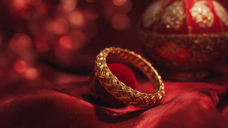 A gold bangle remains on a luxurious red fabric backgroundの素材