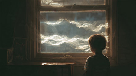 A young boy looking out of a window at a cloudy skyの写真素材