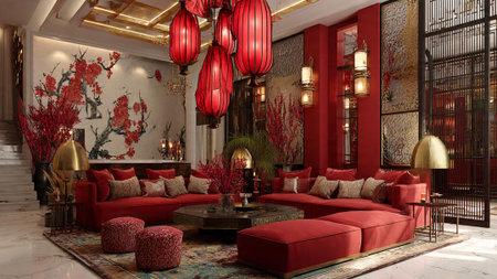A luxurious modern living room with red layers and lanternsの写真素材