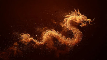 A majestic dragon made of golden particles on a dark backgroundの写真素材