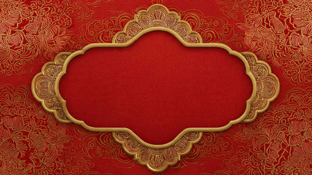 A luxurious red and gold ornate frame on a decorative backgroundの写真素材