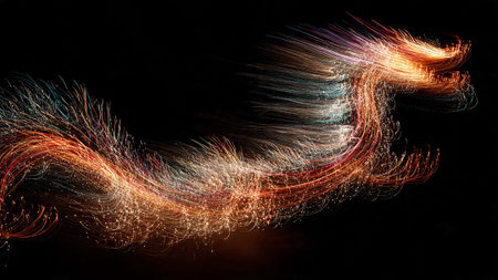 A vibrant and dynamic abstract light trail against a dark backgroundの写真素材