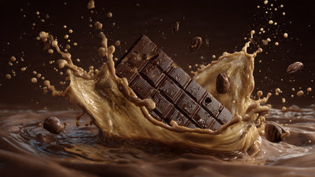 A chocolate bar splashing into a pool of melted chocolateの写真素材