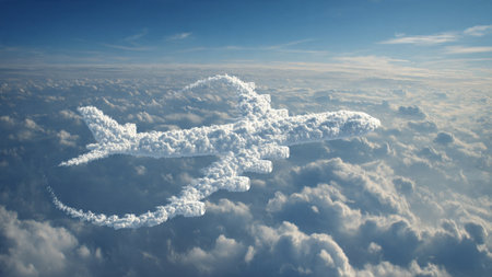 An airplane made of clouds flying through a blue sky with fluffy white cloudsの写真素材