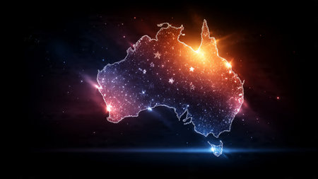 A glowing map of Australia set against a starry night skyの写真素材