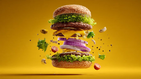 A mouthwatering double cheeseburger with lettuce and onion in mid-airの写真素材