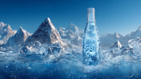 A bottle of water surrounded by ice and majestic mountainsの写真素材