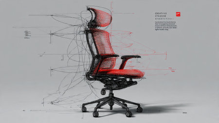 A modern office chair with a red and black design and technical drawingsの写真素材