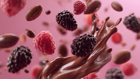 A vibrant mix of raspberries, blackberries, and chocolate splashing togetherの写真素材