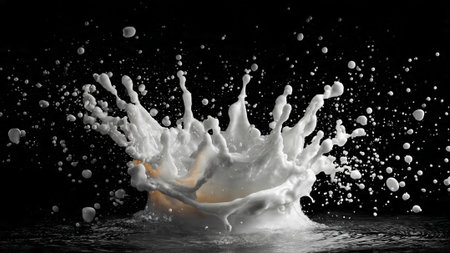 A splash of milk exploding in mid-air against a dark backgroundの写真素材