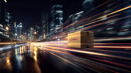 A cardboard box speeding down a city street at night with blurred lights and buildings in the background.の写真素材