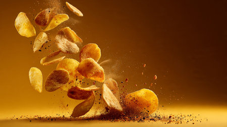 A mouthwatering image of potato chips flying through the air with seasoningsの写真素材