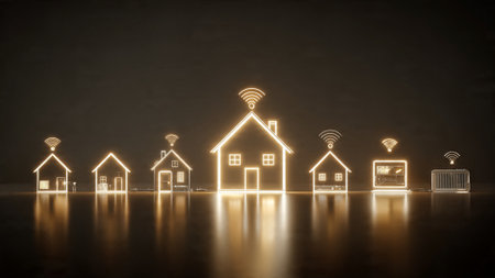 A row of glowing houses with WiFi signals at nightの写真素材