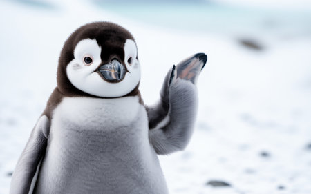 A small penguin standing in the snow with one flipper raisedの写真素材