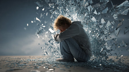 A man sits on the ground amidst shattered glass and debrisの写真素材