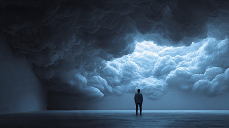 A man stands alone in a vast, dark space with ominous cloudsの写真素材