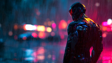 A futuristic cyborg stands alone in the rain at nightの写真素材