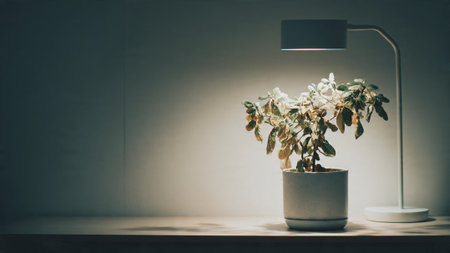 A potted plant sits on a table under a modern desk lampの写真素材