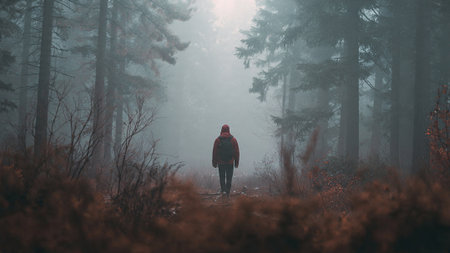 A lone person walks through a misty forest with tall treesの写真素材