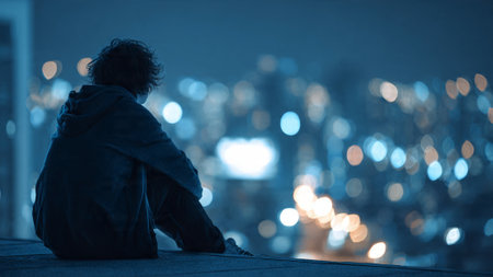 A lonely person sitting on a rooftop overlooking a city at nightの写真素材