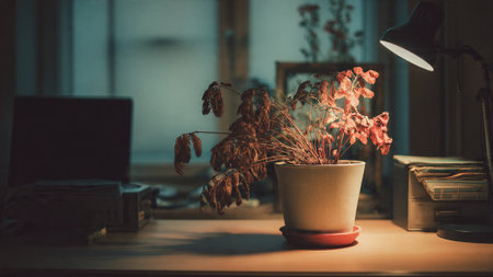 A wilting plant sits on a desk in a dimly lit roomの写真素材