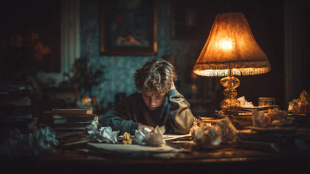 A young man sits at a cluttered desk, surrounded by crumpled paper and dimly lit by a table lamp.の写真素材
