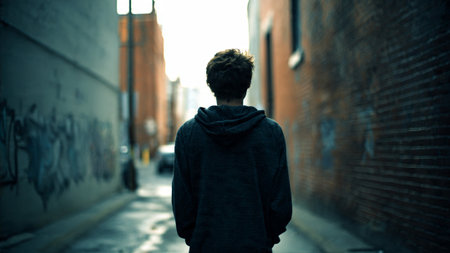 A young man walks down a dimly lit urban alleyway with graffitiの写真素材