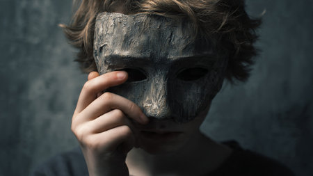 A young person wearing a gray mask and holding it up to their faceの素材