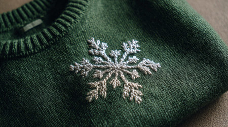 A close-up of a green sweater with a snowflake embroidered on itの写真素材