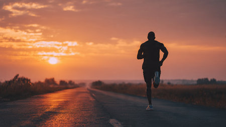 A man jogging on a deserted road during a beautiful sunsetの写真素材