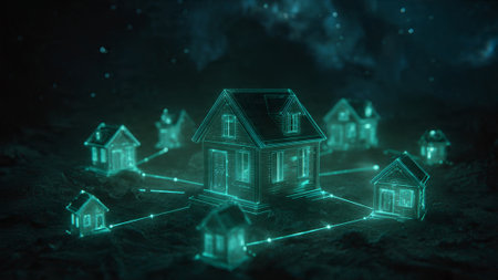 A futuristic digital illustration of a neighborhood with glowing blue housesの写真素材