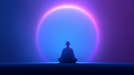 A person meditates in front of a large purple and blue circleの素材