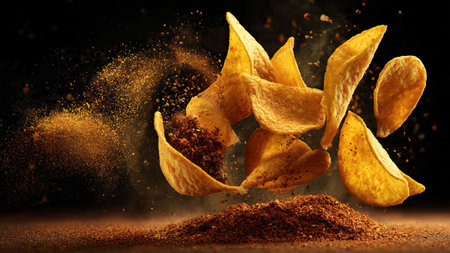 A pile of crispy potato chips flying through the air with seasoningの写真素材