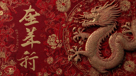 Intricate red and gold embossed design featuring a dragon, Chinese characters, and floral motifsの写真素材