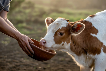 Person feeding brown and white calf from terracotta bowl in outdoor settingの写真素材