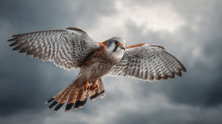 A bird with outstretched wings soars through a stormy sky with dark clouds and sunlight.の写真素材