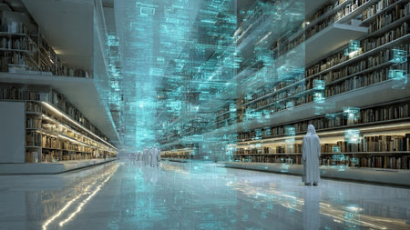 Modern library with sleek architecture, rows of books, and futuristic digital light installationの写真素材
