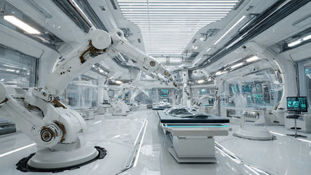 Large white robotic arms and machines in a clean futuristic industrial facilityの写真素材