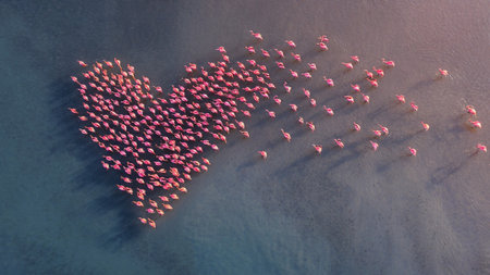 Flock of pink flamingos gathered in heart formation on water surface from aboveの写真素材