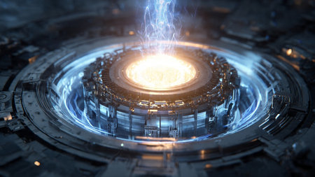 A high-tech, circular reactor core emits a bright, glowing plasma with electric dischargeの写真素材