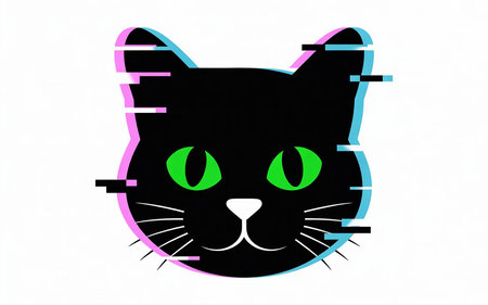 Digital illustration of a black cat's face with green eyes and neon pink blue outlineの写真素材