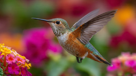 A hummingbird hovers near vibrant flowers in a lush garden settingの写真素材
